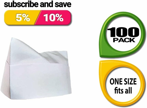 Pack of 100 White Disposable Peaked Paper Crown Caps. Food Service